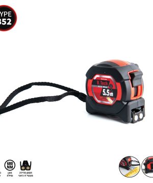 מטר פנטום XX6 הנעה דו-כיוונית TYPE B52 של B.Tech באורך 5.5 מטר — גוף עגול שחור גדול עם רינג אדום, מסך תווית 0503304 B.Tech Anti-Slip ו-12 גלגלי הנעה, חוט נשיאה שחור ארוך עם תפסן ובלם הדק שחור גדול בצד. סמלי תכונות בתחתית: מצופה טפלון, מוגן נפילה 680NM, תפסן מדידה מגנטי דו-כיווני.