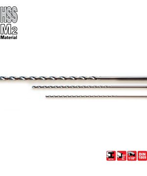סט מקדחי HSS Super M2 R2-XXLONG של B.Tech במבט עליון — סט מקדחי HSS פלדה מהירה M2 כסופים ארוכים מאוד, ספירל ארוך מסוג R2-XXLONG לקידוח עמוק, קצה זווית 118° לחיתוך מהיר במתכת. תקן DIN 1869 ארוך מאוד, מתאים למתכת, אלומיניום ופליז.