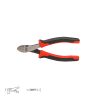 חותך צד מיני אלקטרוניקה עם בידוד עבה 5" של B.Tech במבט צד — קטר צד אלקטרוניקה עם ידיות אדומות-שחורות ארגונומיות דו-קומפוננטיות, להב חיתוך כרום עם חותך אלכסוני חד, ציר נעילה במרכז. שרטוטים טכניים בתחתית מציגים ממדי לסת. מק"ט 0500294 — קטר מקצועי לחיתוך חוטי כבל דקים, רכיבים אלקטרוניים וברגי מתח גבוה — לאלקטרונאים ולעבודה במעגלים מודפסים.