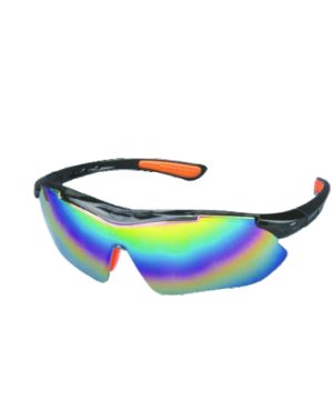 משקפי מגן UV ראיית קשת של B.Tech במבט תלת-ממדי — מסגרת שחורה ספורטיבית עם זרועות קצרות וכריות אף כתומות, עדשות מראה צבעוניות בגווני קשת עם הגנה מפני קרינת UV ובוהק. מתאימות לעבודות שטח, רכיבה ואופניים בשמש חזקה. מק"ט 0505032.
