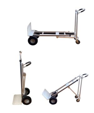 עגלת משא אלומיניום תלת-מצבית של B.Tech 450 ק"ג החזקה ביותר במבט תלת-רבעי — עגלת אלומיניום כסופה עם 4 גלגלים אחוריים שחורים (ולזוג נוספים מתקפלים), ידית הרמה קשת עליונה עגולה, מתגלגלת במצב אופקי למשטח עבודה, אנכי רגיל לנשיאה, וקונפיגורציה של ארבעה גלגלים לעגלת משא נוחה. שלושה מבטים מראים את שלושת המצבים. עומס 450 ק"ג. מק"ט 0503190 — העגלה הכי חזקה בסדרה.