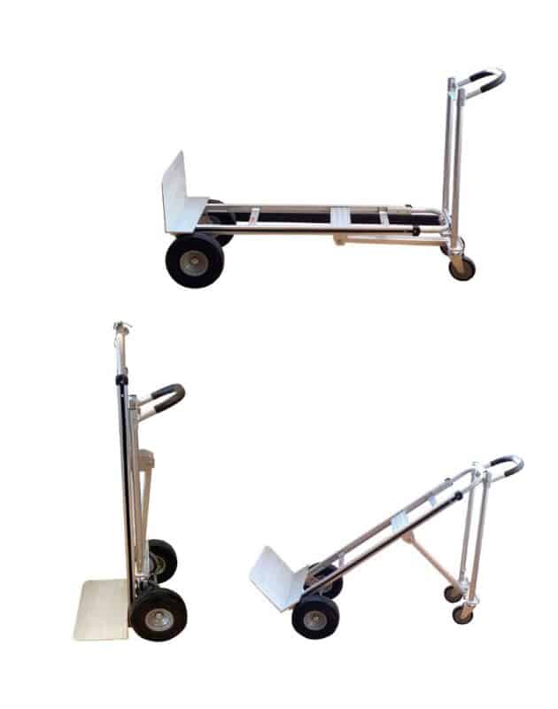 עגלת משא אלומיניום תלת-מצבית של B.Tech 450 ק"ג החזקה ביותר במבט תלת-רבעי — עגלת אלומיניום כסופה עם 4 גלגלים אחוריים שחורים (ולזוג נוספים מתקפלים), ידית הרמה קשת עליונה עגולה, מתגלגלת במצב אופקי למשטח עבודה, אנכי רגיל לנשיאה, וקונפיגורציה של ארבעה גלגלים לעגלת משא נוחה. שלושה מבטים מראים את שלושת המצבים. עומס 450 ק"ג. מק"ט 0503190 — העגלה הכי חזקה בסדרה.
