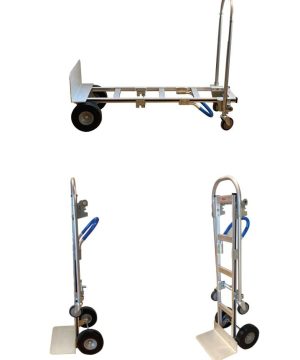 עגלת אלומיניום דו-מצב של B.Tech 350 ק"ג גלגלי PU במבט תלת-רבעי — עגלת משא מאלומיניום כסוף בנוי קל משקל, גלגלי PU שחורים גדולים אחוריים וזוג גלגלים קטנים לקדמיים לסיבוב, ידיות גומי כחולות-שחורות. מתמר מאופקי (מצב נשיאה משטח) לאנכי (מצב מגלש). שלושה מבטים: אופקי ושני אנכיים. עומס 350 ק"ג. מק"ט 0503192 — עגלה דו-מצבית לחברת אריזה.