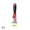 מגרדת נירוסטה 5 ב-1 של B.Tech 3"/76 מ"מ במבט חזית — גוף ידית דו-קומפוננטי שחור-אדום ארגונומי עם חור תלייה בחלק העליון וכיפת מתכת כרום מעל הידית לדפיקות פטיש, להב נירוסטה מלוטש עם חיתוך קעור צורני ל-5 פונקציות: גירוד, ניקוי, פתיחה, דחיפת מרק וכיור מסמרים. מדבקה לבנה-אדומה עם לוגו B.Tech ו-5 in 1 Hammer Head Joint Knife. מק"ט 0503380.