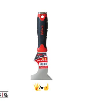 מגרדת נירוסטה 5 ב-1 של B.Tech 3"/76 מ"מ במבט חזית — גוף ידית דו-קומפוננטי שחור-אדום ארגונומי עם חור תלייה בחלק העליון וכיפת מתכת כרום מעל הידית לדפיקות פטיש, להב נירוסטה מלוטש עם חיתוך קעור צורני ל-5 פונקציות: גירוד, ניקוי, פתיחה, דחיפת מרק וכיור מסמרים. מדבקה לבנה-אדומה עם לוגו B.Tech ו-5 in 1 Hammer Head Joint Knife. מק"ט 0503380.
