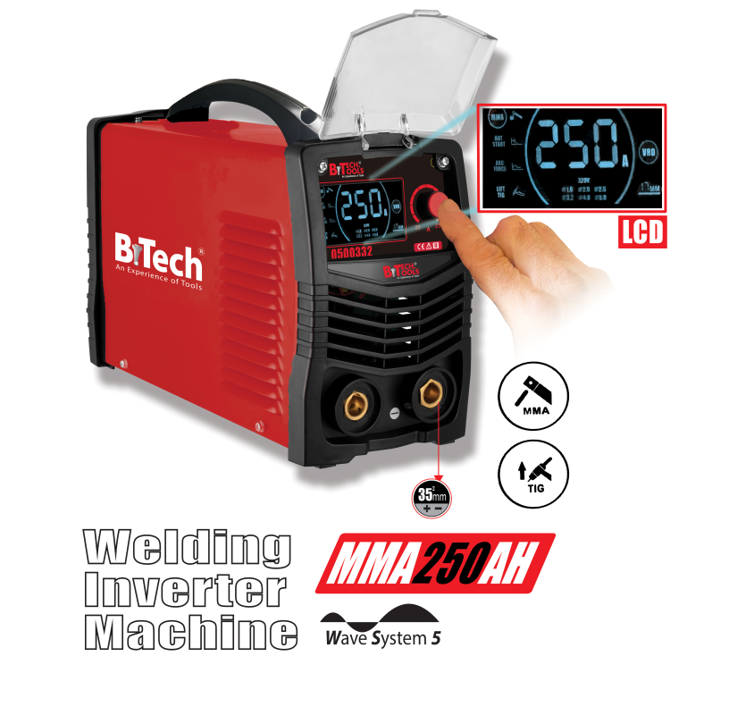 רתכת אינוורטר Wave System 5 של B.Tech 250AH — רתכת ריתוך בקשת קומפקטית מבית B.Tech Tools בהספק 250A עם טכנולוגיית Wave System 5 ליציבות קשת ופינוי סיגים. מתאימה לריתוך MMA, Lift-TIG ואלקטרודות מוסוגרות בפלדה ובפלב"ם. מק"ט 0500332.