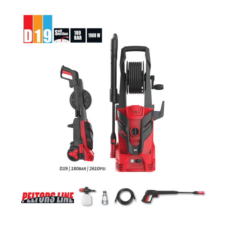 מכונת שטיפה גרניק D19 של B.Tech 180 BAR 1900W במבט חזית וצד — מתקן דליל קומפקטי על עגלת גלגלים אדום-שחור עם ידית העברה בחלק העליון, גליל משני לאחסון צינור הלחץ, מנוע Peltors Line וסימון 'D19 180BAR 2610PSI'. תכולה: אקדח לחץ, סבון, צינור לחץ ומסנן. מתאימה לשטיפת רכבים, גינה וחזית בית. מק"ט 0503219.