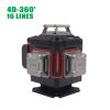 פלס לייזר 6006 דגם 4D של B.Tech 16 קווים עם מסך מגע במבט חזית — מכשיר לייזר אדום-שחור קומפקטי במבנה קוביה עם 4 חלונות הקרנה כסופים בדפנות (16 קווים ב-4 מישורים - 360°), טבעת פילוס עליונה, ומסך מגע LCD לבקרה. סימון '4D-360° 16 LINES'. מק"ט 0506006 — לייזר פילוס מתקדם עם שלט רחוק ומקבל קרן, לבנאים, אינסטלטורים וקבלני מיזוג.