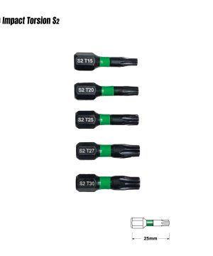ביטים טורקס מגנטיים S2 Impact Torsion של B.Tech במבט קדמי — חמישה ביטים שחורים באורך 25 מ"מ בגדלי T15, T20, T25, T27, T30, כל אחד עם טבעת ירוקה מרכזית לאזור הטורסיון (Impact Torsion Zone) שבולעת זעזועים וחוסכת שחיקה. סימון לייזר 'S2 T15/T20/T25/T27/T30' על הזנב. שרטוט מימדי תחת — אורך 25 מ"מ. מתאימים למברגות אימפקט לברגי Torx בהרכבות ריהוט, רכב ותעשייה.