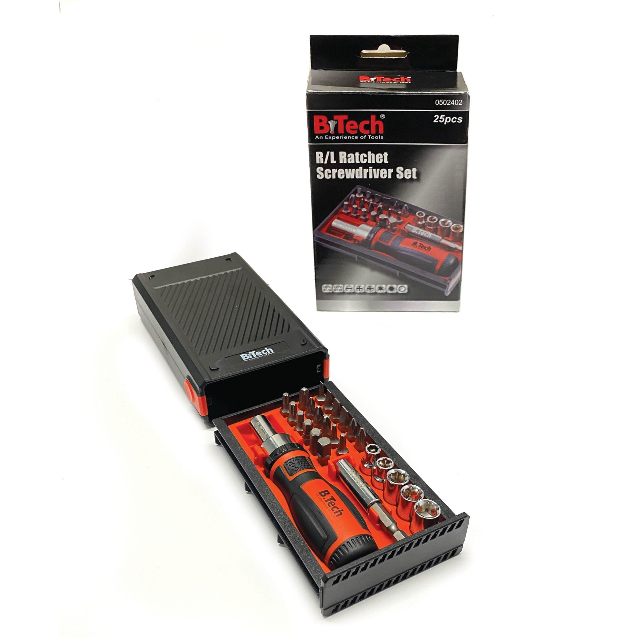 סט מברגים רצ'ט מקצועי עם ידית ארגונומית, ביטים ובוקסות במארז קומפקטי – B.Tech