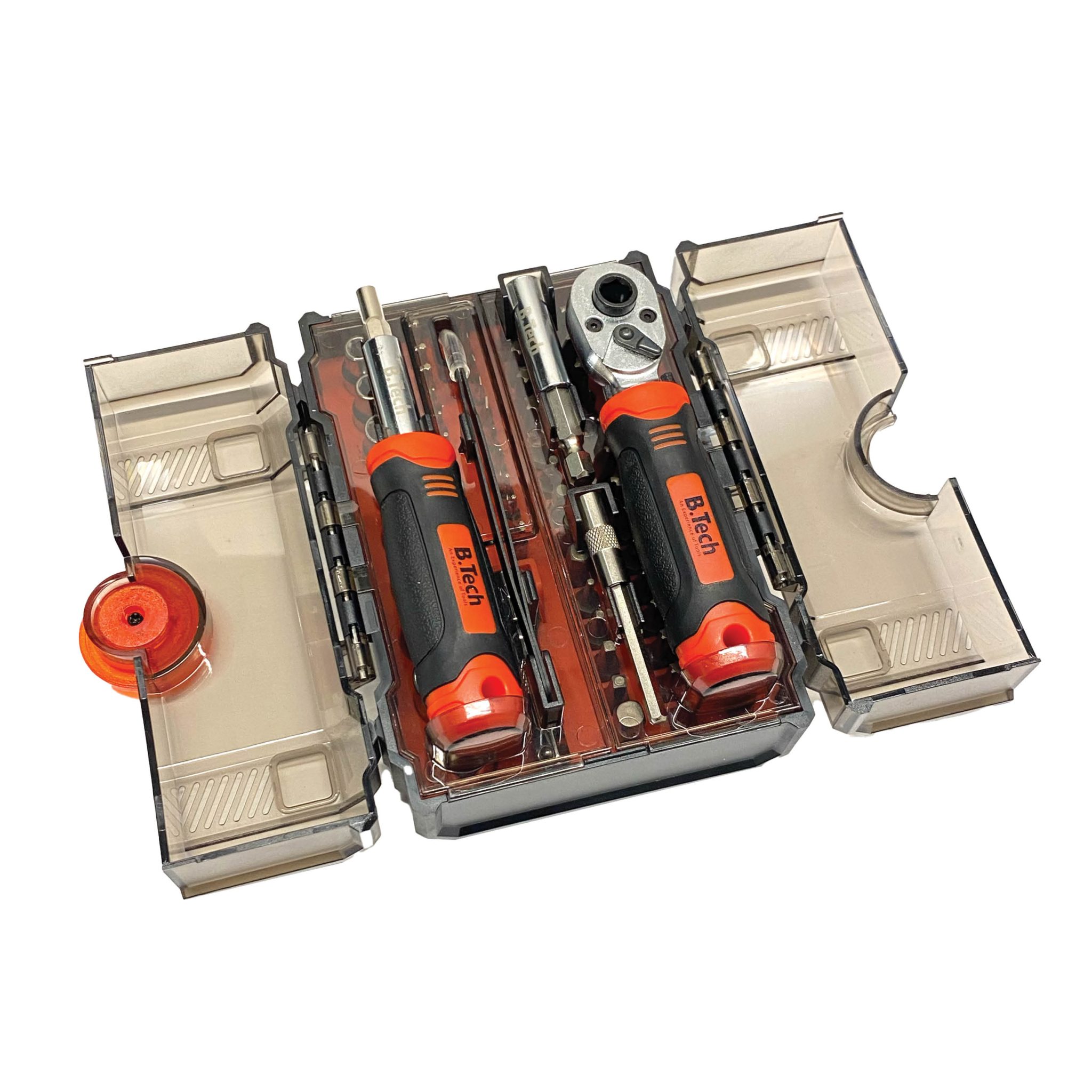 סט בוקסות ביט משולב מברג רצ'ט 112 חלקים B.Tech – תצוגה פתוחה של כל החלקים בקופסה