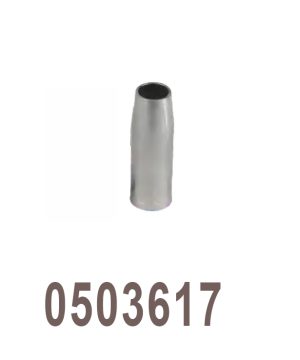 מופה MIG למשאבת חוט 15K MTS של B.Tech במבט צד — מופה פלדה כסופה גלילית בעלת פיית חרוטית בקצה, מק"ט 0503617, לידיות MTS-801 ו-MTS-802. משמשת להזרמת גז המגן ולהגנה על פיית מגע המברג, חלק חילוף שחוק נפוץ ברתכות MIG חצי-אוטומטיות. מתאימה לריתוך פלדה, פלב"ם ואלומיניום עם גז מגן.