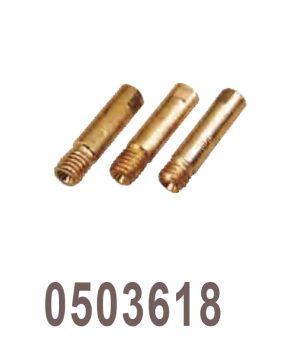 דיזה (טיפ מגע) MIG Connector של B.Tech במבט צד — שלוש דיזות פלב"ם/פליז קטנות באורך כ-35 מ"מ לכל אחת, עם חריטת קוטר חוט (0.6-1.2 מ"מ) וקצה מחודד עם פתח מדויק להזרמת חוט ריתוך. מק"ט 0503618. חלק חילוף שחוק ברתכות MIG — מעביר את הזרם לחוט במעבר לפני היציאה. מתאים לחוטי שרשור של 0.6/0.8/1.0/1.2 מ"מ.
