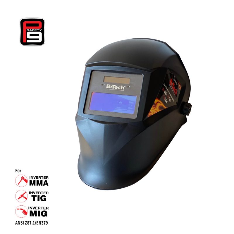 מסכת ריתוך TTM10 P9 Safety מבית B.Tech — כובע ריתוך שחור מאט עם עדשת LCD סולרית לחשכה אוטומטית, גרפיקת להבות וסמלי תאימות MMA/TIG/MIG, מתאים לעבודה עם מרתכות אינוורטר. תקנים ANSI Z87.1 ו-EN379. מק"ט 0500319.
