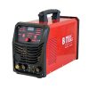 רתכת אינוורטר AC/DC 200A Type 350 Wave System 5 של B.Tech במבט תלת-רבעי — רתכת אדומה-שחורה גדולה עם ידית העברה שחורה עליונה, לוח בקרה עם צג דיגיטלי '188', בורג כיוון זרם אדום וכתובת 'Type350 AC/DC 200Ah', איקוני MMA/AC/DC/Pulse ו-Wave System 5, חיבורים בבסיס: פליזים ל-TIG ו-MMA, מחברי גז וחשמל. מק"ט 0500350 — רתכת TIG AC/DC מקצועית לאלומיניום ולפלב"ם, מצטיינת ב-Wave System 5 לקשת יציבה.