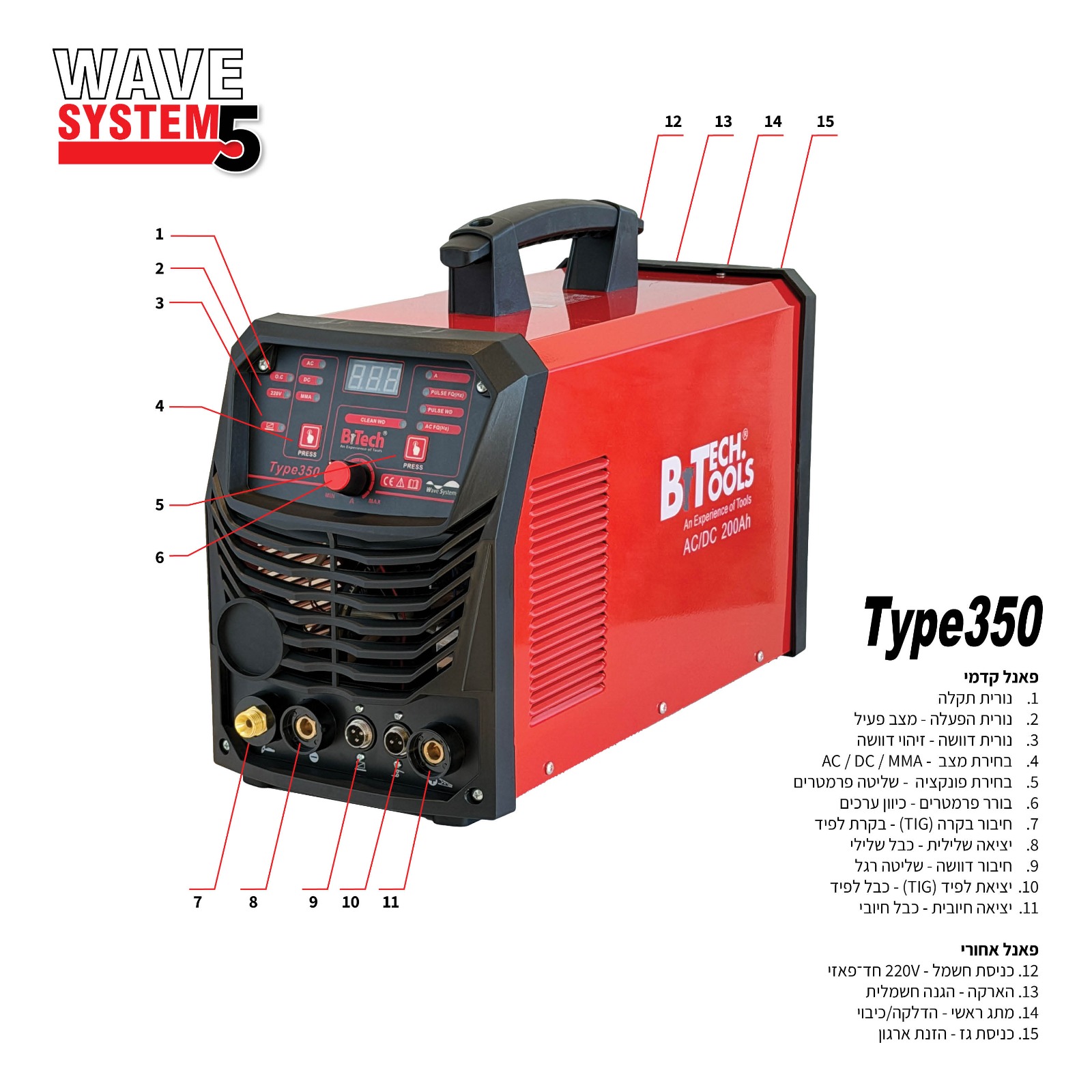 תמונת מוצר נוספת 1 של רתכת אינוורטר AC/DC 200A TYPE 350 עם Wave System 5 מבית B.Tech — רתכת AC/DC Type 350 עם Wave System 5 מבית B.Tech בקטגוריית ריתוך וחיתוך אינוורטר. מק"ט 0500350.