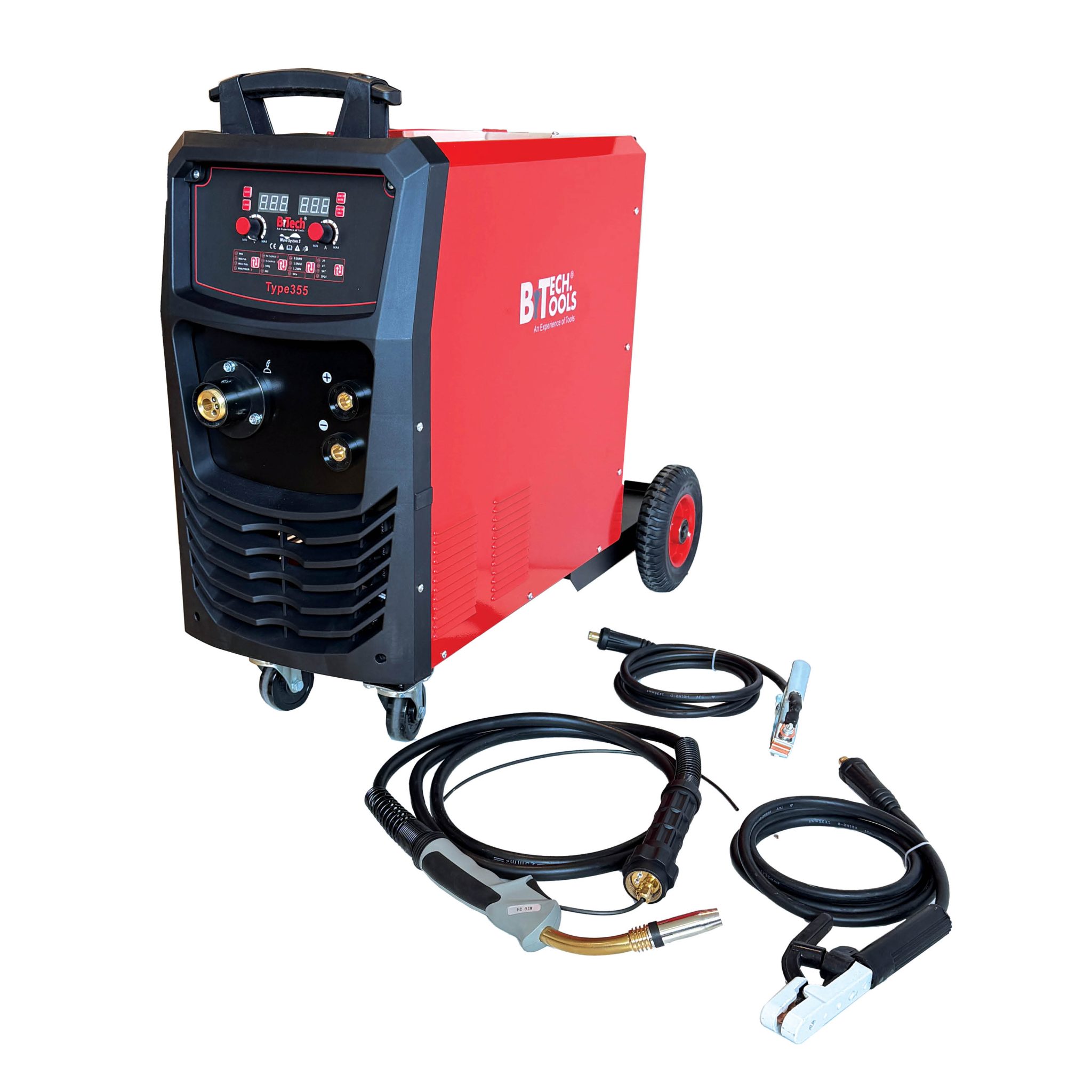 תמונת מוצר נוספת 2 של רתכת MIG/MAG Pulse TYPE 355 – תלת פאזית 350AH מבית B.Tech — רתכת תלת-פאזית אדומה על עגלה עם שני צגים אדומים מבית B.Tech בקטגוריית ריתוך וחיתוך אינוורטר. מק"ט 0500355.