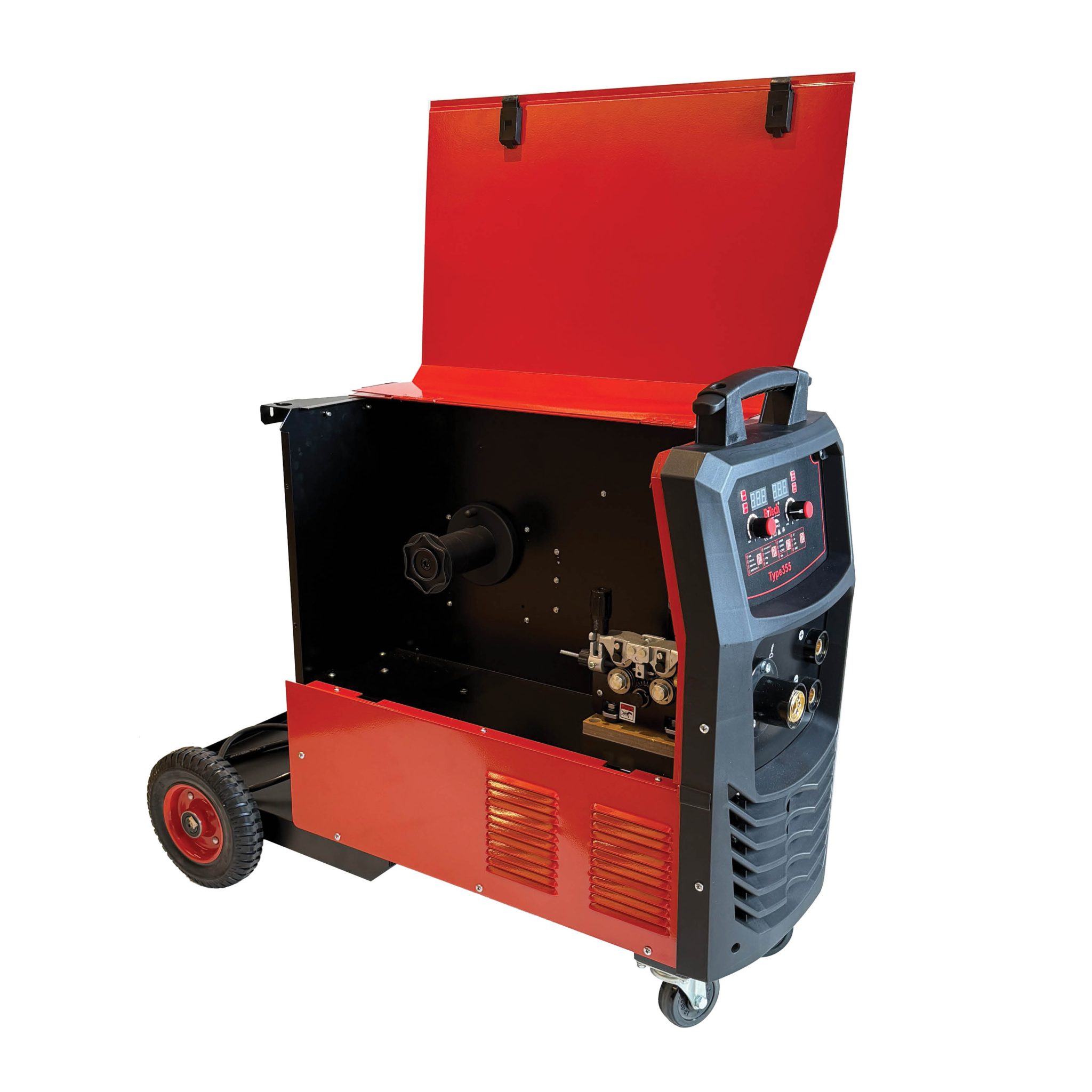 תמונת מוצר נוספת 4 של רתכת MIG/MAG Pulse TYPE 355 – תלת פאזית 350AH מבית B.Tech — רתכת תלת-פאזית אדומה על עגלה עם שני צגים אדומים מבית B.Tech בקטגוריית ריתוך וחיתוך אינוורטר. מק"ט 0500355.