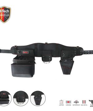 חגורת כלים עם תומך גב אורטופדי טריפלקס No.5 SHIELD של B.Tech במבט חזית — חגורה שחורה עם תפרי אדום ואורך 1.34 מ', תומך גב מרופד מעוצב אנטומית להקלה על עומס השדרה, עם 3 כיסים נושאים: כיס גדול עם לולאות לסרגלים בצד שמאל, כיס מרכזי סגור וכיס מוט-מקדח עם תפס באבזם פלסטיק בצד ימין. טבעות D כסופות לאחיזת כלים נוספים. מק"ט 0503869 — חגורה אורטופדית לשיפוצניקים.