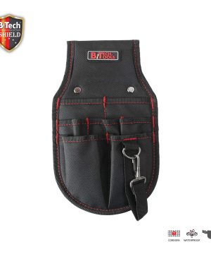 פאוץ' מולטי כלי SHIELD על חגורה 8 פונקציות של B.Tech במבט חזית — פאוץ' שחור קומפקטי עם תפרי אדום ולוגו BiTech Tools אדום, חזית מחולקת ל-8 תאים (4 חיצוניים אנכיים, תא מרכזי עם אבזם וטבעת מתכת לחגירה, לולאת סגירה) לאחסון מברגים, מפתחות אלן ואביזרי חשמלאי. מק"ט 0503871 — פאוץ' מקצועי לעבודות אחזקה מיידיות.