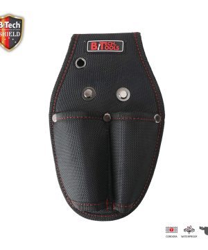 פאוץ' פנקשן כלי SHIELD על חגורה לשליפה מהירה של B.Tech במבט חזית — פאוץ' שחור עם תפרי אדום וקופסת נעילה כפולה שחורה במרכז, 2 תפסים כפתוריים דו-ראשים בחלק העליון למהירת שליפה והכנסה. לולאת ביטחון גדולה וחור טבעת כסוף. לוגו BiTech Tools אדום. מק"ט 0503872 — פאוץ' מקצועי לכלי שליפה מהירה בעבודות גבס וחשמל.