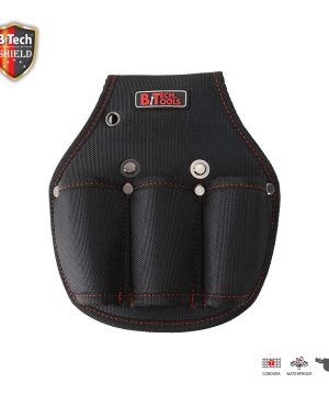 פאוץ' טריטול כלי תפיסה על חגורה 3 מקומות SHIELD של B.Tech במבט חזית — פאוץ' קומפקטי בצבע שחור עם תפרי אדום ולוגו BiTech Tools אדום, 3 לולאות בולטות בחלק הקדמי לאחיזת מפתחות או פטישי יד, חור טבעת כסוף בצד עליון לחיבור חבל ביטחון. איקוני CORDURA, WATERPROOF ו-חגורה בפינה תחתונה. מק"ט 0503873 — פאוץ' לחגורה לכלי תפיסה וצבת קיפול.