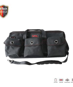 ארגונית כלי עבודה 24" SHIELD של B.Tech דגם No.21 BIG פול טראק במבט חזית — תיק עבודה שחור גדול עם 3 כיסים חיצוניים קדמיים עם לולאות לכלים ידניים, תפרי אדום מעגלים את פתחי הכיסים, ידית אחיזה עליונה עם לוגו BiTech Tools אדום וזוג ידיות צד נוספות לאיזון. רצועת כתף שחורה מרופדת מצורפת. מק"ט 0503896 — תיק מקצועי לשיפוצניקים ונגרים עם כלים גדולים.
