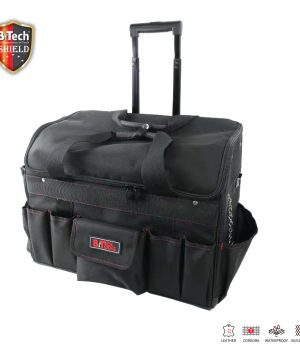 ארגונית כלי עבודה 32" טרולי SHIELD של B.Tech דגם No.34 6M.K — התיק הגדול בישראל — במבט תלת-רבעי — תיק עבודה ענק שחור על גלגלים עם ידית תלסקופית שחורה מובנית בגב, חזית מלאה ברצועות לכלי-יד (מפתחות, מברגים, סכינים, מדידות) עם 6 כיסים מרכזיים ורחבים, ידית אחיזה עליונה נוספת לסחיבה קרובה ולוגו BiTech Tools אדום. מק"ט 0503897 — לשיפוצניקים מקצועיים המעבירים מערכות שלמות בין אתרים.