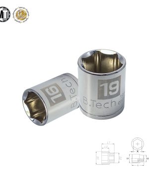 בוקסה אימפקט 3/8" 16-19mm 6 פינות Newton של B.Tech במבט תלת-ממדי — שתי בוקסות קצרות כרומיות כסופות עם סימוני 16 ו-19 מ"מ מודפסים בזהוב, גוף 6 פינות חלק עם פתח 3/8 אינץ' אחורי. לצדן שרטוט טכני המציג ממדי L1, L2, D1, D2 ו-A. מתאימות למכונות אימפקט במוסכים ובסדנאות.