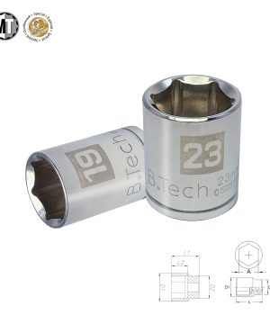 בוקסת אימפקט 6 פינות 1/2" של B.Tech Newton במבט תלת-רבעי — שתי בוקסות כרום-ונדיום מלוטשות בסימוני '19' ו-'23' מ"מ לדוגמה, דופן עבה עם תפס הקשחה ל-Drive 1/2" ולוגו B.Tech Newton בצד. מומנט פיתול מקסימלי עד 2,850Nm. שרטוט טכני מתחת מציג L1, L2, D1, D2 ו-A לממדים פנימיים וחיצוניים. קצרה לשימוש כללי בהרכבת מכשירי רכב ואומים עליונים.