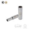 בוקסה עמוקה אימפקט 1/4" 9-10mm 6 פינות Newton של B.Tech במבט תלת-ממדי — שתי בוקסות עמוקות כרומיות כסופות בגדלים 9 ו-10 מ"מ עם סימונים מודפסים בזהוב, גוף 6 פינות עם פתח 1/4 אינץ' אחורי. לצדן שרטוט טכני המציג ממדי L1, L2, D1, D2 ו-A. מתאימות למכונות אימפקט קומפקטיות לעבודות עדינות.