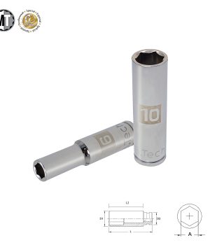 בוקסה עמוקה אימפקט 1/4" 9-10mm 6 פינות Newton של B.Tech במבט תלת-ממדי — שתי בוקסות עמוקות כרומיות כסופות בגדלים 9 ו-10 מ"מ עם סימונים מודפסים בזהוב, גוף 6 פינות עם פתח 1/4 אינץ' אחורי. לצדן שרטוט טכני המציג ממדי L1, L2, D1, D2 ו-A. מתאימות למכונות אימפקט קומפקטיות לעבודות עדינות.