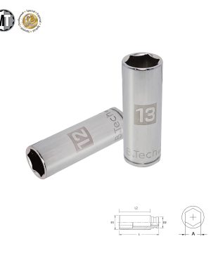 בוקסה עמוקה אימפקט 3/8" 12-13mm 6 פינות Newton של B.Tech במבט תלת-ממדי — שתי בוקסות עמוקות כרומיות כסופות עם סימוני 12 ו-13 מ"מ מודפסים בזהוב, גוף 6 פינות עם פתח 3/8 אינץ' אחורי. לצדן שרטוט טכני המציג ממדי L1, L2, D1, D2 ו-A. מתאימות למכונות אימפקט קומפקטיות במוסכים ובסדנאות.