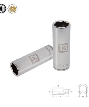 בוקסה עמוקה אימפקט 1/2" 12-13mm 6 פינות Newton של B.Tech במבט תלת-ממדי — שתי בוקסות עמוקות כרומיות כסופות עם סימוני 12 ו-13 מ"מ מודפסים בזהוב, גוף 6 פינות עם פתח 1/2 אינץ' אחורי. לצדן שרטוט טכני המציג ממדי L1, L2, D1, D2 ו-A. מתאימות למכונות אימפקט במוסכים ובסדנאות מקצועיות.