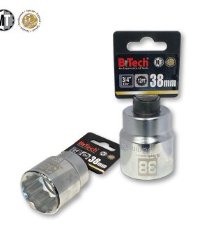 בוקסה אימפקט 6 פינות 3/4" Dr 12PT 38mm Newton של B.Tech במבט תלת-ממדי — בוקסה כרומית כסופה עם תווית B.Tech שחורה-זהובה ולוגו MT (Newton) עם 'Special'. סימון 38mm על הצד וגוף 6PT/12PT עם פתח 3/4 אינץ' אחורי. מתאימה למכונות אימפקט כבדות במוסכים ובסדנת רכב. מק"ט 0505774.