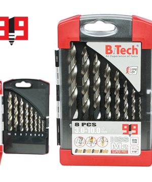 סט 8 מקדחי מתכת B.Tech 919 מקצועי 3-10 מ"מ במבט על — קופסה אדומה-לבנה עם מכסה שקוף, מציגה 8 מקדחים כסופים מלוטשים בקטרים 3, 4, 5, 6, 7, 8, 9, 10 מ"מ מונחים לפי גודל. HSS M2 SUPER PRO, DIN 338, 6X Long Life, חוד 118°. לוגו '919' אדום-שחור בפינה שמאלית. מק"ט 0504548 — סט ביתי-מקצועי לקידוח במתכת.