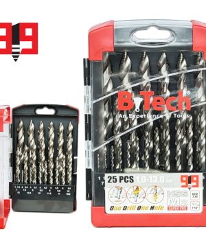סט 25 מקדחי מתכת B.Tech 919 Big ONE בקטרים 1-13 מ"מ כל 0.5 מ"מ במבט על — קופסה גדולה אדומה-לבנה עם מכסה שקוף, המציגה 25 מקדחים כסופים מלוטשים סידוריים בשורות לפי גודל, מ-1 מ"מ ועד 13 מ"מ בקפיצות של 0.5 מ"מ. HSS M2 SUPER PRO, DIN 338, חוד 118°. לוגו '919' אדום-שחור בפינה שמאלית. מק"ט 0504550 — סט מלא לעבודות מתכת בסדנה.