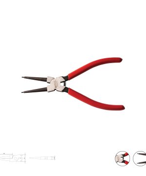 פלייר טבעות קפיצי ישר פתוח CR-V של B.Tech במבט עליון — לסתות ישרות עם קצוות חדים לפתיחת טבעות קפיצי חיצוניות, פלדת CR-V קשיחה עם ציפוי שחור, ידיות דו-קומפוננטיות בצבע שחור-אדום עם משטחי אחיזה ארגונומיים ומנגנון קפיץ פתיחה אוטומטי. מקצועי למוסך ולסדנת מכונות.