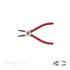 פלייר טבעות קפיצי מכופף פתוח CR-V של B.Tech במבט עליון — פלייר טבעות קפיצי קומפקטי עם לסתות שחורות מכופפות בזווית לפתיחת טבעות חיצוניות, גוף פלדת CR-V מחושלת עם מנגנון קפיץ, ידיות אדומות גמישות עם אחיזה ארגונומית. תרשים מידות לצד הפלייר. מתאים למוסכים. מק"ט 0500223.