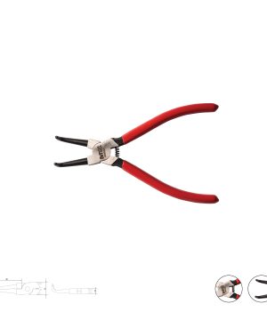 פלייר טבעות קפיצי מכופף פתוח CR-V של B.Tech במבט עליון — פלייר טבעות קפיצי קומפקטי עם לסתות שחורות מכופפות בזווית לפתיחת טבעות חיצוניות, גוף פלדת CR-V מחושלת עם מנגנון קפיץ, ידיות אדומות גמישות עם אחיזה ארגונומית. תרשים מידות לצד הפלייר. מתאים למוסכים. מק"ט 0500223.