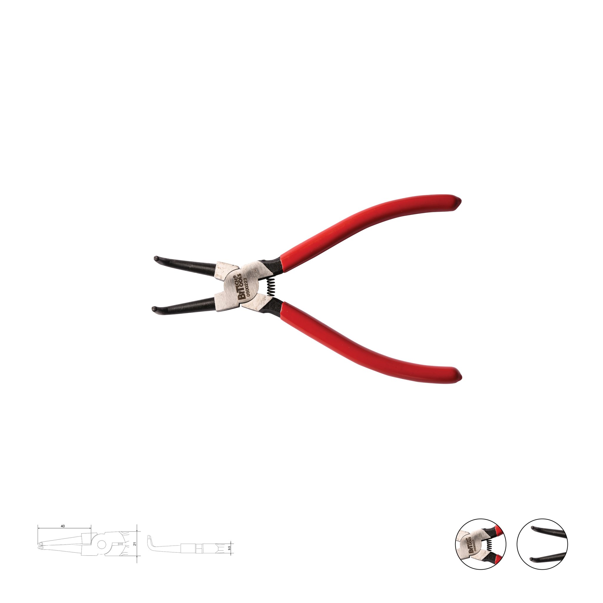 פלייר טבעות קפיצי מכופף פתוח CR-V של B.Tech במבט עליון — פלייר טבעות קפיצי קומפקטי עם לסתות שחורות מכופפות בזווית לפתיחת טבעות חיצוניות, גוף פלדת CR-V מחושלת עם מנגנון קפיץ, ידיות אדומות גמישות עם אחיזה ארגונומית. תרשים מידות לצד הפלייר. מתאים למוסכים. מק"ט 0500223.