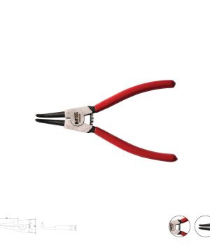 פלייר טבעות קפיצי מכופף סגור CR-V של B.Tech במבט עליון — פלייר טבעות קפיצי קומפקטי עם לסתות שחורות מכופפות בזווית לסגירת טבעות פנימיות, גוף פלדת CR-V מחושלת עם מנגנון קפיץ, ידיות אדומות גמישות עם אחיזה ארגונומית. תרשים מידות לצד הפלייר. מתאים למוסכים. מק"ט 0500225.