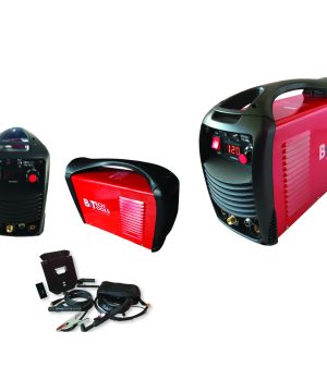 רתכת אינוורטר 200AH TIG/MMA של B.Tech — מוצגת בשני מצבים: גוף שחור-אדום קומפקטי עם פאנל קדמי מציג צג אמפר 87, מתג ON/OFF אדום, כפתור CURRENT אדום, סוויצ' MMA-TIG בחזית, ושני שקעי דינס + מחבר מסה בתחתית. נכלל מארז אביזרים (אלקטרודה, מסכת ריתוך, כבל מסה, נרתיק נשיאה). מק"ט 0500283.