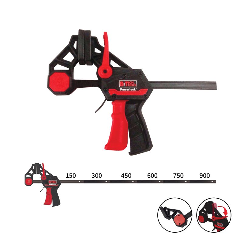 קליבה מהירה IX Powerlock של B.Tech במבט תלת-רבעי — קליבת אקדח מהירה בגוף שחור-אדום עם הדק אדום, ראש קליבה עם משטח לחיצה רבוע מרופד גומי, ציר אלומיניום ארוך עם סימוני סקלה כל 150 מ"מ עד 900 מ"מ. תפס שחרור מהיר 'Powerlock' באדום. מנגנון אקדח לקליבה מהירה ושחרור בלחיצה אחת. לעבודות נגרות, הרכבת רהיטים והדבקה.