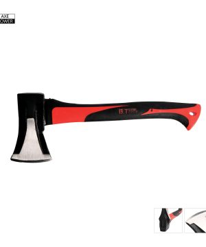 גרזן עץ AXE POWER של B.Tech — ראש גרזן פלדה דרופ-פורג'ד שחור עם להב חד מבריק חתוך, ידית פייברגלס אדומה-שחורה ארגונומית עם תוויות B.TOOLS ואחיזה אנטי-החלקה ולולאת תליה אדומה אחורית. תקריבים מציגים את הראש מקרוב ואת הידית. מתאים לבקעת עצים וחיתוך גזעים.