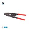 לוחץ רץ'ט ארגונומי 100KN 0501201 של B.Tech במבט צד — לוחץ נעלי כבל בגוף שחור עם ראש לחיצה משונן, ידיות אדומות מבודדות עם אחיזה ארגונומית, מנגנון רץ'ט פנימי. מתאים ללחיצת נעלי כבל מבודדות בגדלי 0.5-6 מ"מ². כושר לחיצה 100KN. מק"ט 0501201.