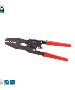 לוחץ רץ'ט ארגונומי 100KN 0501201 של B.Tech במבט צד — לוחץ נעלי כבל בגוף שחור עם ראש לחיצה משונן, ידיות אדומות מבודדות עם אחיזה ארגונומית, מנגנון רץ'ט פנימי. מתאים ללחיצת נעלי כבל מבודדות בגדלי 0.5-6 מ"מ². כושר לחיצה 100KN. מק"ט 0501201.
