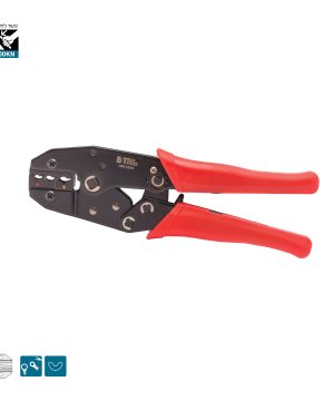 לוחץ רץ'ט בננה כבד 100KN 0501202 של B.Tech במבט צד — לוחץ נעלי כבל בגוף שחור עם ראש לחיצה משונן ועיצוב 'בננה' להגדלת מנוף, ידיות אדומות מבודדות עם אחיזה ארגונומית. מתאים ללחיצת נעלי כבל בגדלי 5.5-14 מ"מ². כושר לחיצה 100KN. מק"ט 0501202.