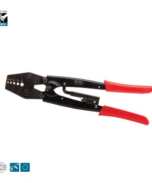 לוחץ רץ'ט ארגונומי 100KN 0501203 של B.Tech במבט צד — לוחץ נעלי כבל בגוף שחור עם ראש לחיצה DIN וחמישה תאי לחיצה הקסגונליים בגדלים מדורגים, ידיות אדומות מבודדות עם אחיזה ארגונומית. מתאים ללחיצת נעלי כבל בגדלי 1.5-10 מ"מ². כושר לחיצה 100KN. מק"ט 0501203.