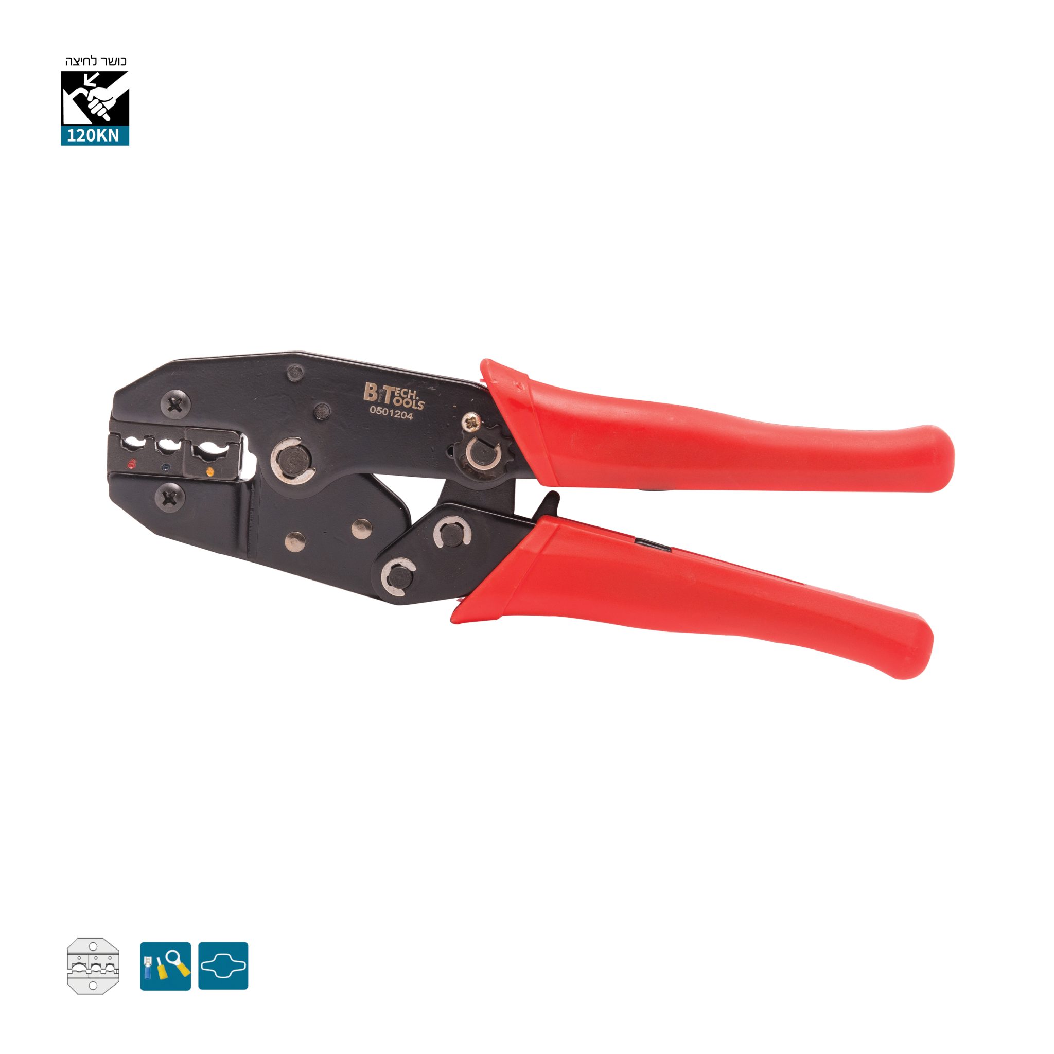לוחץ רץ'ט ארגונומי 120KN 0501204 של B.Tech במבט צד — לוחץ נעלי כבל בגוף שחור עם ראש לחיצה משונן עם 3 תאי לחיצה צבעוניים (אדום, כחול, צהוב), ידיות אדומות מבודדות עם אחיזה ארגונומית. מתאים ללחיצת נעלי כבל מבודדות בגדלי 0.5-6 מ"מ². כושר לחיצה 120KN. מק"ט 0501204.